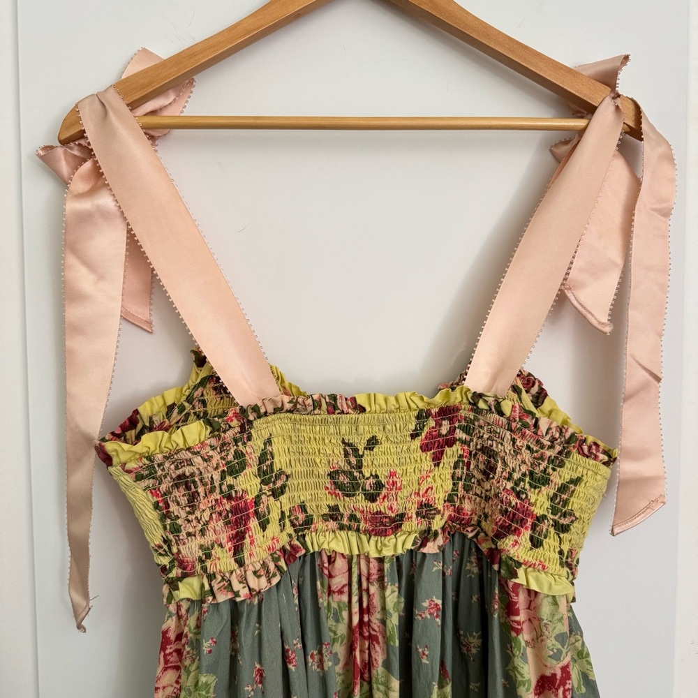 Free People Floral Tiered Maxi Dress in Sage, Yellow & Pink - Picture 6 of 9